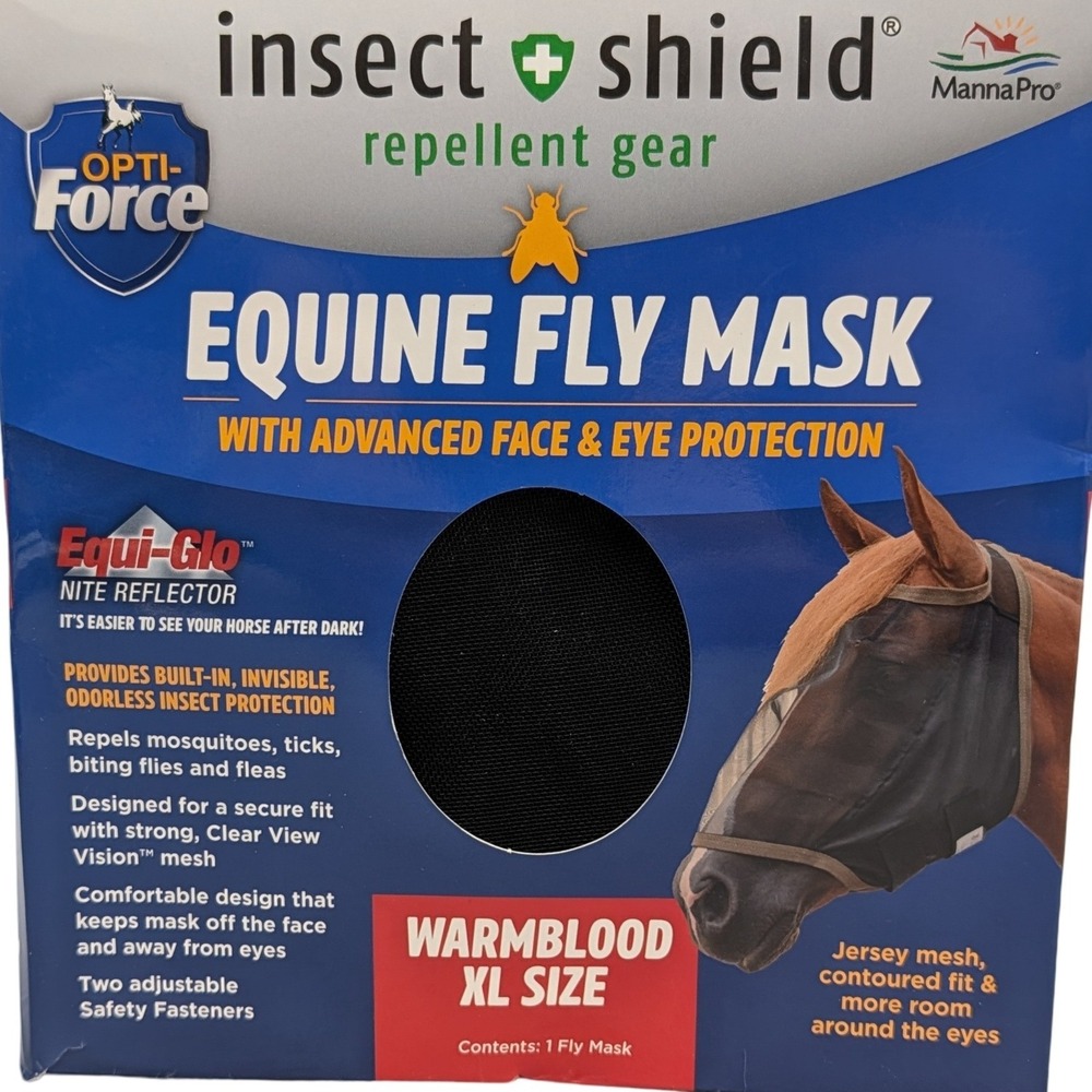 Manna Pro Opti-Force Equine Fly Mask Insect Shield Warmblood XL Black Tan Horse
